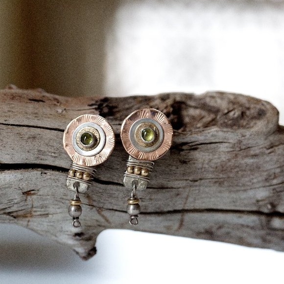 Peridot Stone Sterling Silver & Gold Earrings - Picture 2 of 4